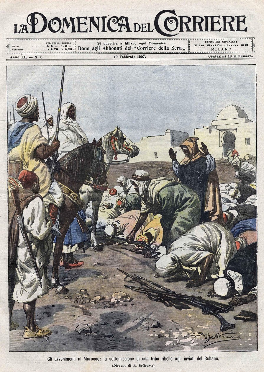 Wydarzenia w Maroku: zbuntowane plemię poddaje się przedstawicielom sułtana. Ilustracja Beltrame. Domenica del Corriere autorstwa Achille Beltrame