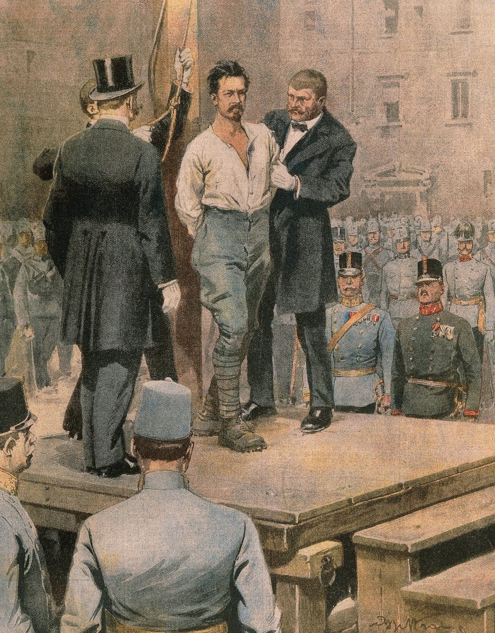 Egzekucja Cesare Battisti w Trydencie, Achille Beltrame, ilustracja, Ilustrator Achille Beltrame (1871-1945), z La Domenica del Corriere, lipiec 1916 autorstwa Achille Beltrame