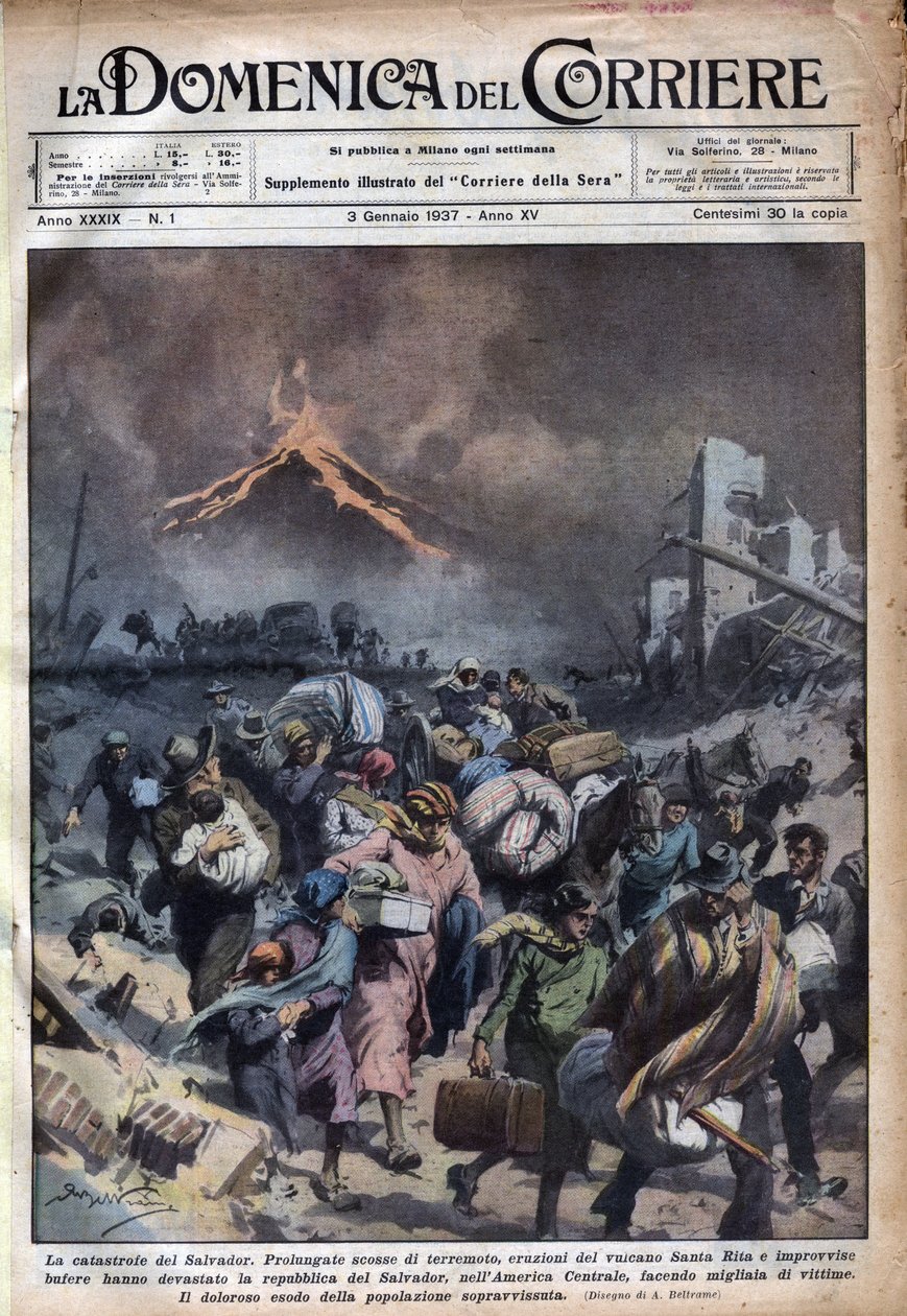 Exodus ludności Salwadoru po trzęsieniu ziemi i erupcjach wulkanu Santa Rita. Ilustracja Achille Beltrame w „La domenica del corriere” 03/01/1937. autorstwa Achille Beltrame