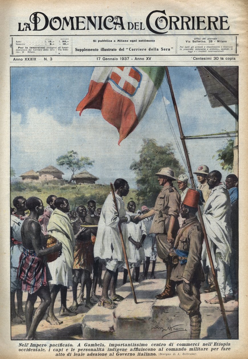 Faszyzm 1937: Spotkania w Gambela, centrum handlowym imperium etiopskiego, rdzennych wodzów i osobistości w celu dokonania aktu przystąpienia do rządu włoskiego. Ilustracja Achille Beltrame w „La domenica del corriere” 17.01.2019 autorstwa Achille Beltrame