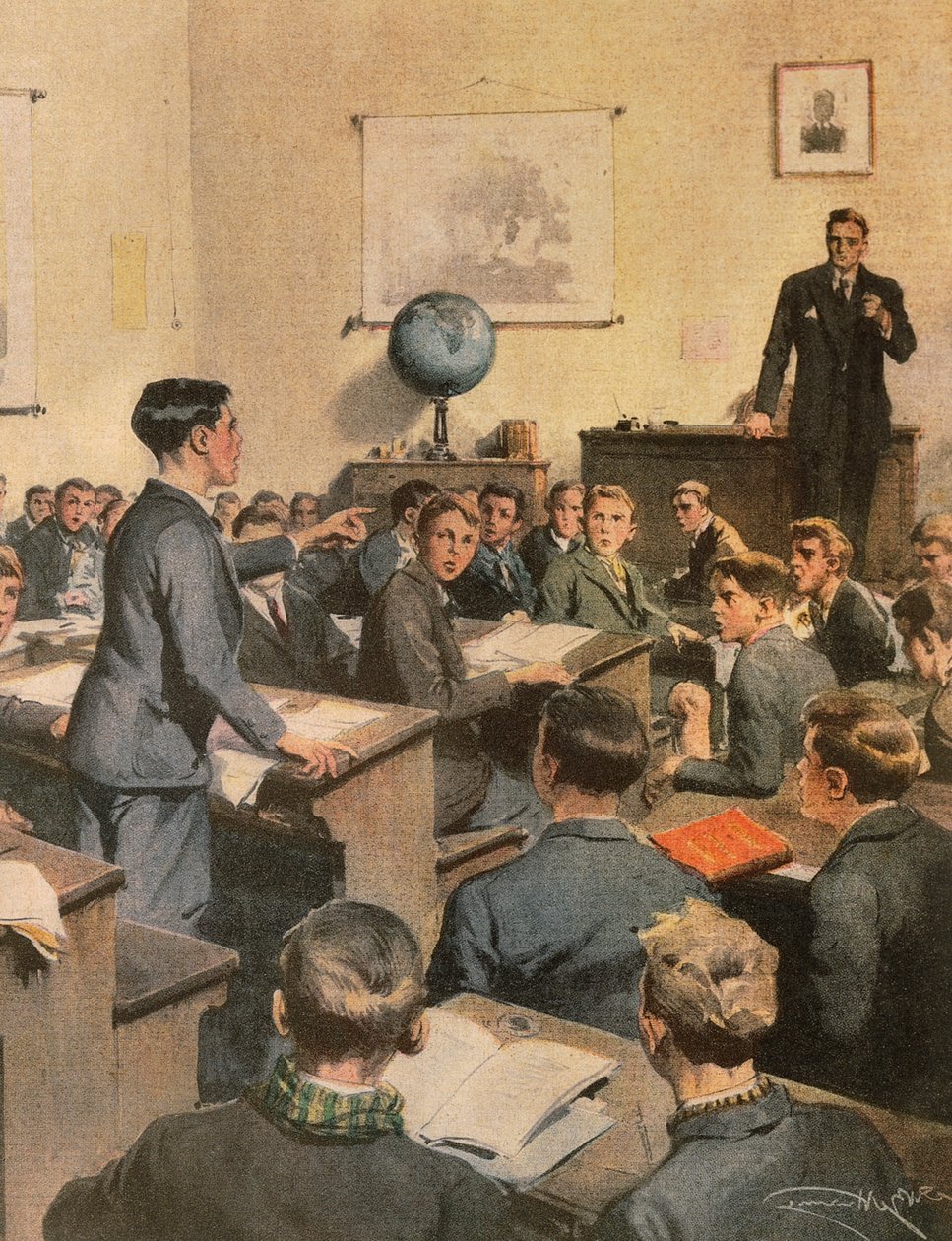 Walka z analfabetyzmem, dzieci w szkole, Achille Beltrame, ilustracja, Ilustrator Achille Beltrame (1871-1945), z La Domenica del Corriere autorstwa Achille Beltrame