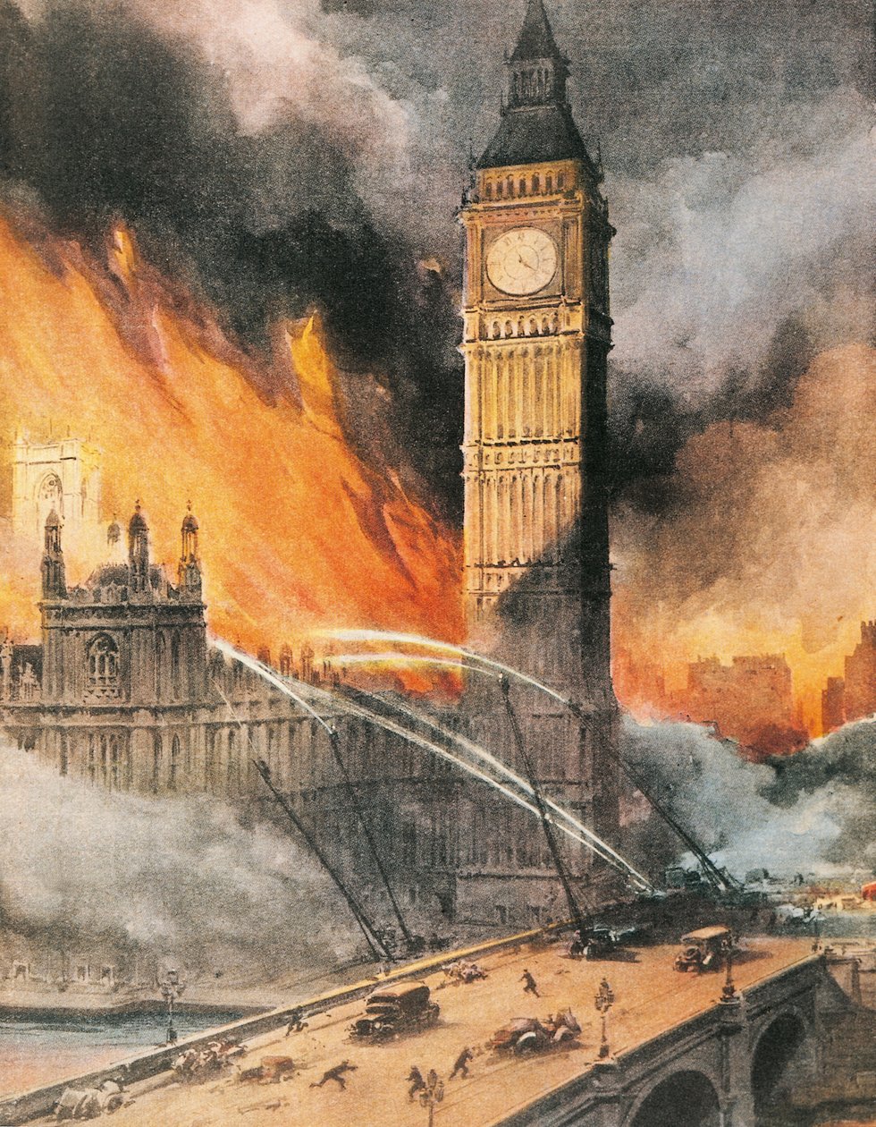 Pożar w Westminster Palace w Londynie po niemieckim bombardowaniu, ilustracja z „The Sunday Courier” autorstwa Achille Beltrame