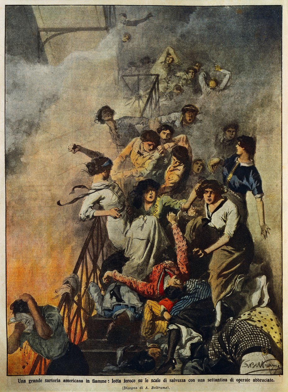 Pożar w dużej amerykańskiej fabryce włókienniczej: robotnicy na klatce schodowej, ilustracja Achille Beltrame (1871-1945), z La Domenica del Corriere, 10 sierpnia autorstwa Achille Beltrame