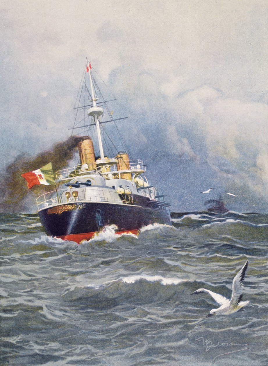 Pancernik pierwszej klasy Re Umberto, ilustracja Achille Beltrame (1871-1945) z tygodnika L