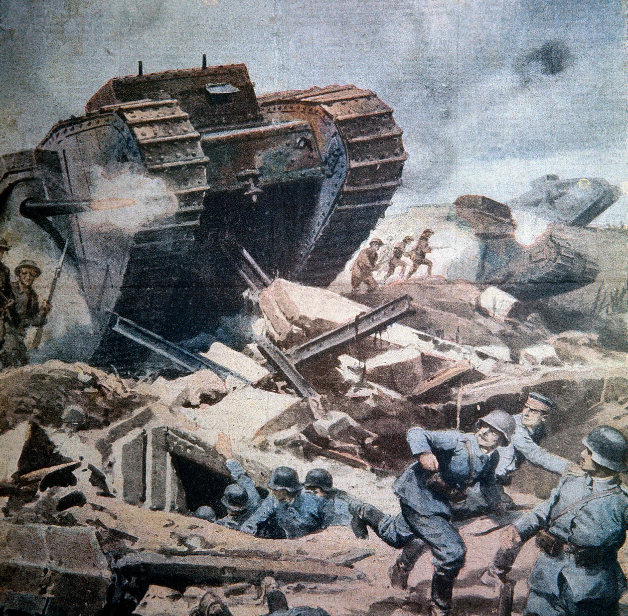 I wojna światowa (1914-1918): "Szturmy czołgów angielskich w Pikardii" Ilustracja przedstawiająca Achillesa beltrame z La Domenica del Corriere 1916 r. autorstwa Achille Beltrame