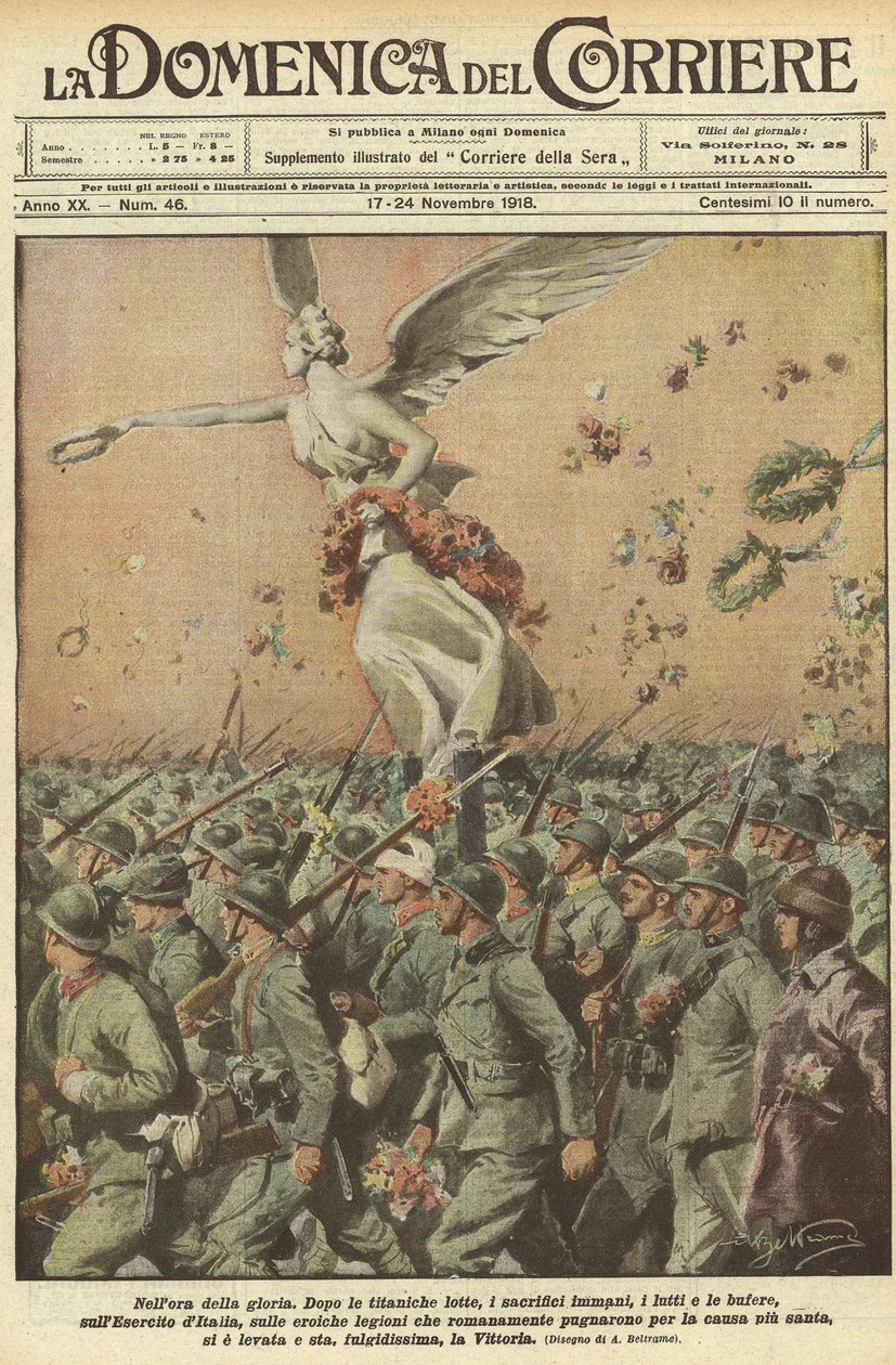 I wojna światowa 1918 - Włochy w wojnie. Dzień Zwycięstwa. W godzinie chwały. Po tytanicznej walce, ogromnych ofiarach, śmierci, burzach, Armii Włoch, heroicznych legionach rzymskich, które walczyły w sprawie Najświętszego, podniosły Ofiarę autorstwa Achille Beltrame