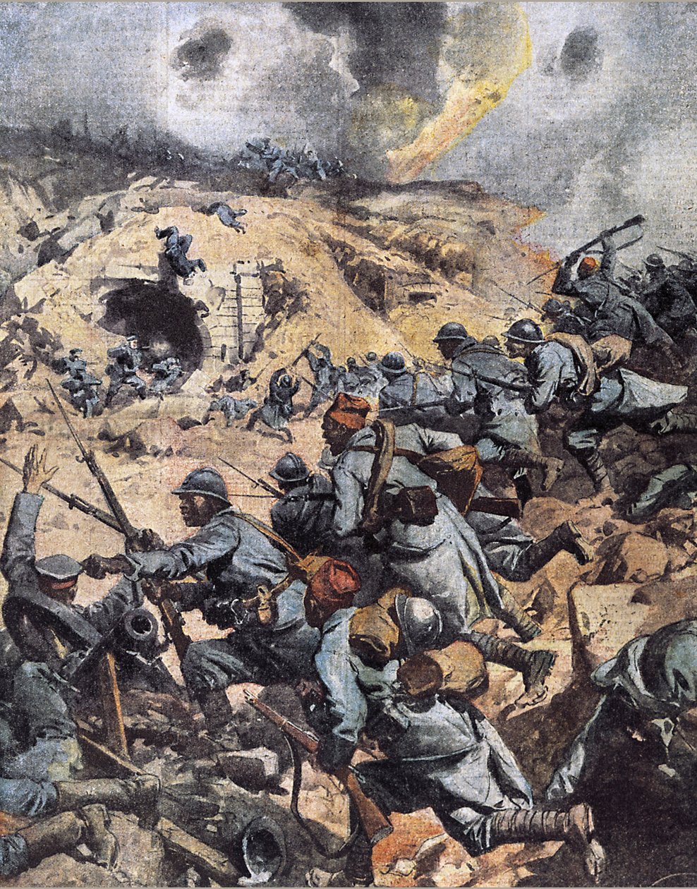 Pierwsza wojna światowa: „oddziały kolonialne (pułk piechoty marokańskiej, tyralierowie senegalscy) szturmują fort Douaumont koło Verdun, okupowany przez wojska niemieckie, kończąc bitwę pod Verdun, 24.10.1916” (I wojna światowa: Fort Douaumont odbity prze autorstwa Achille Beltrame