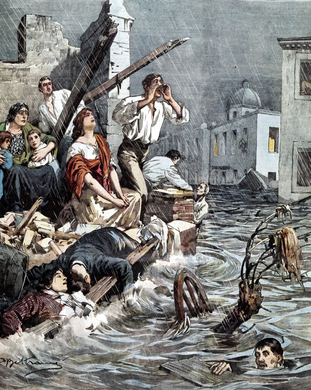 Powódź w Modica (Sycylia) w 1901 roku. La Domenica del Corriere. Il. de Beltrame autorstwa Achille Beltrame