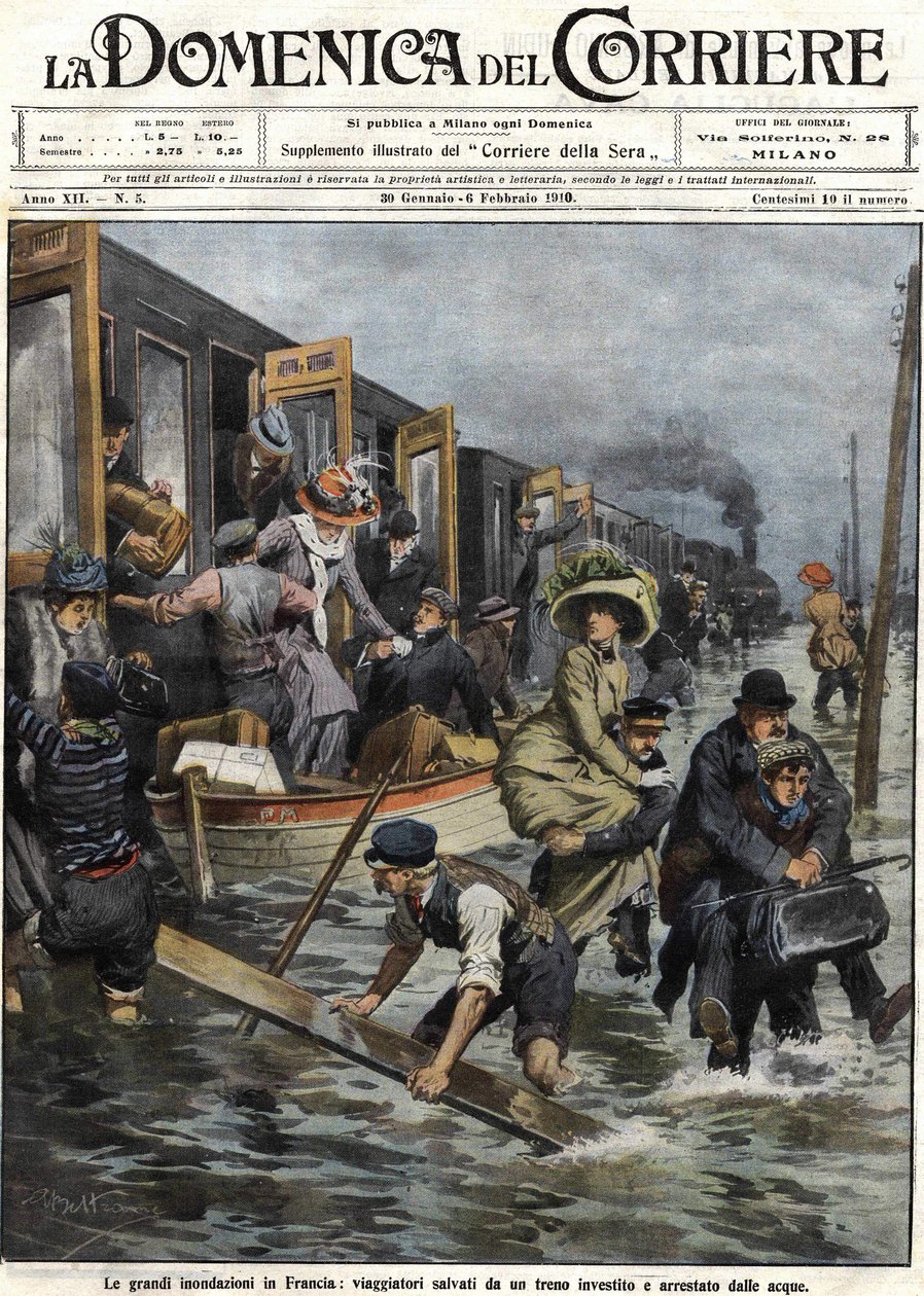 Powodzie w okolicach Paryża w styczniu 1910 r. okładka „Domenica del corriere” z 6 lutego autorstwa Achille Beltrame