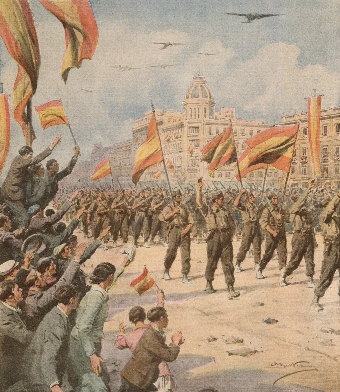 Hiszpania Franco wkraczająca do Madrytu ze swoimi flagami zwycięstwa, Achille Beltrame (1871-1945) z La Domenica del Corriere 2 kwietnia autorstwa Achille Beltrame