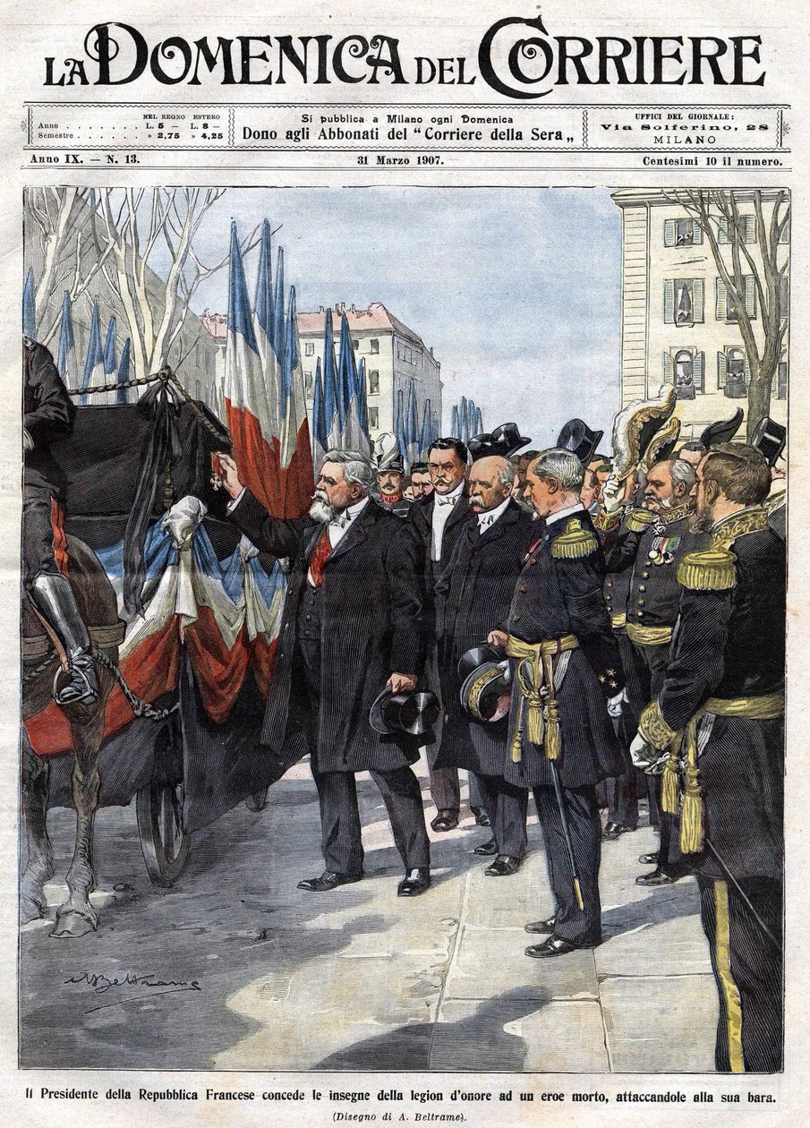 Prezydent Francji Armand Fallieres (1841 - 1931) wręcza medal Legii Honorowej bohaterowi, który zginął w bitwie. Ill. de Beltrame. Domenica del Corriere. 31.03.1907. autorstwa Achille Beltrame