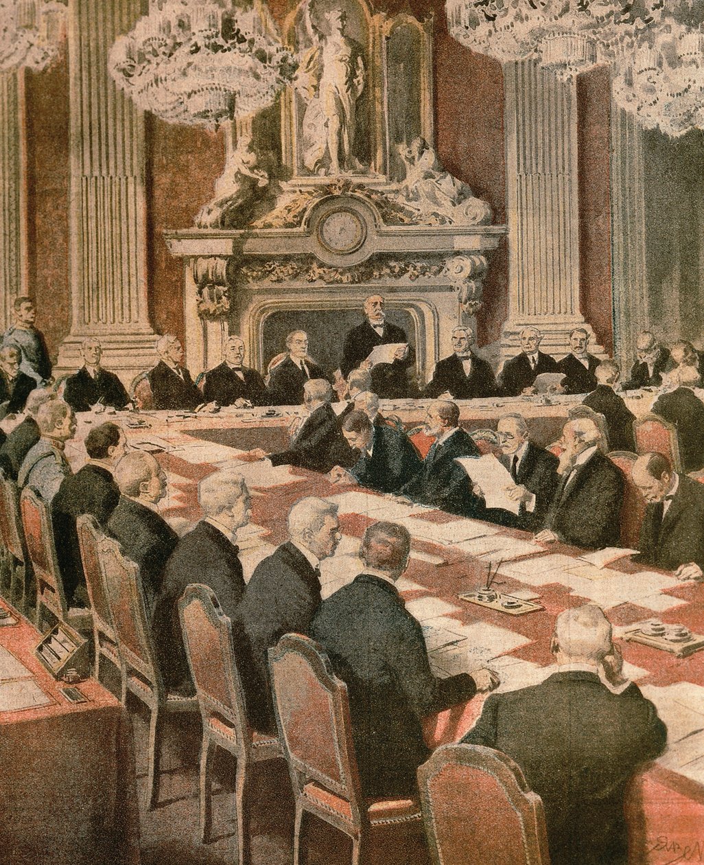 Prezydent Francji Georges Clemenceau przemawiający na konferencji pokojowej w Paryżu, Achille Beltrame, ilustracja, Illustrator Achille Beltrame (1871-1945), z La Domenica del Corriere autorstwa Achille Beltrame
