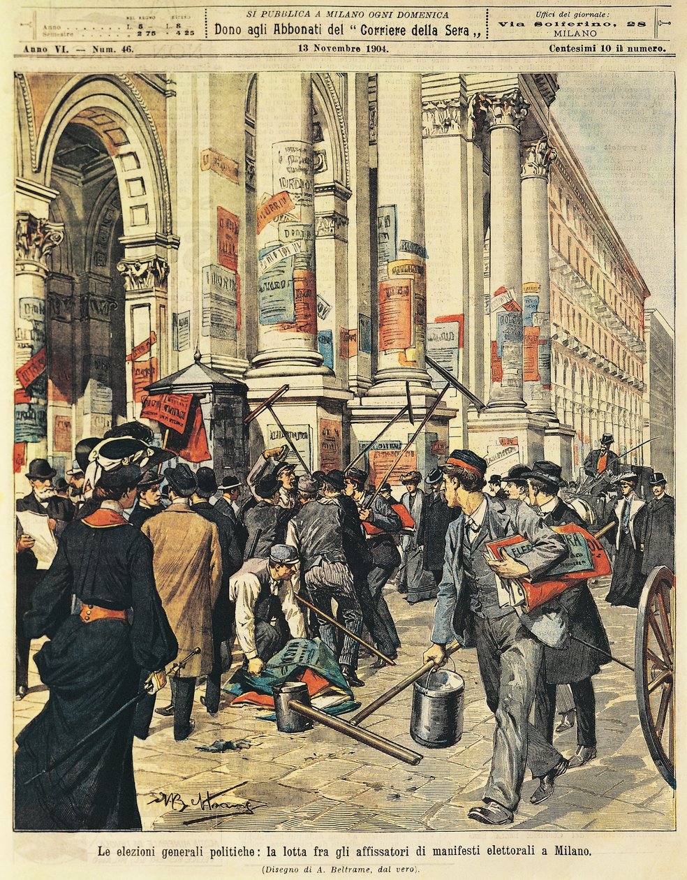 Wybory powszechne w Mediolanie: konfrontacje między ludźmi wieszającymi plakaty polityczne w Mediolanie, autor: Achille Beltrame (1871-1945), z La Domenica del Corriere autorstwa Achille Beltrame