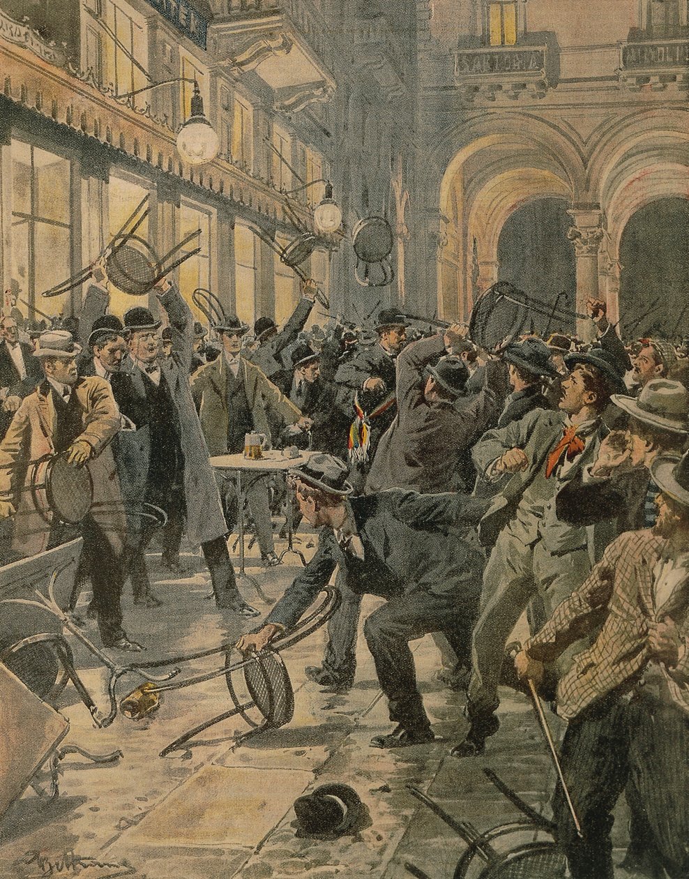 Strajk generalny robotników w Mediolanie, Zamieszki w Galleria Vittorio Emanuele II, Achille Beltrame, ilustracja, Ilustrator Achille Beltrame (1871-1945), z La Domenica del Corriere autorstwa Achille Beltrame