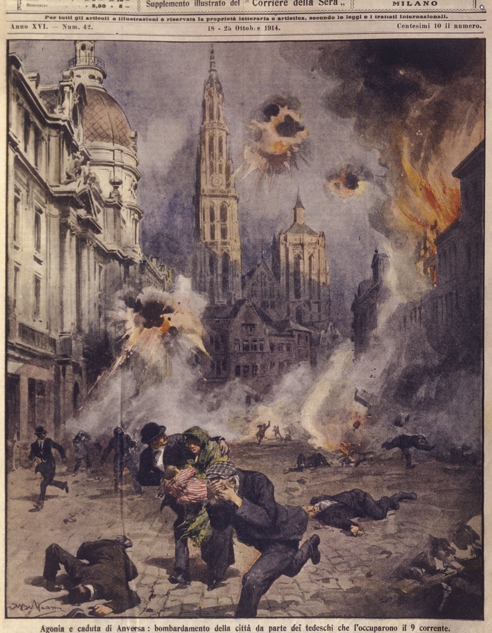 Niemieckie samoloty bombardują Antwerpię. z „La Domenica del Corriere” autorstwa Achille Beltrame