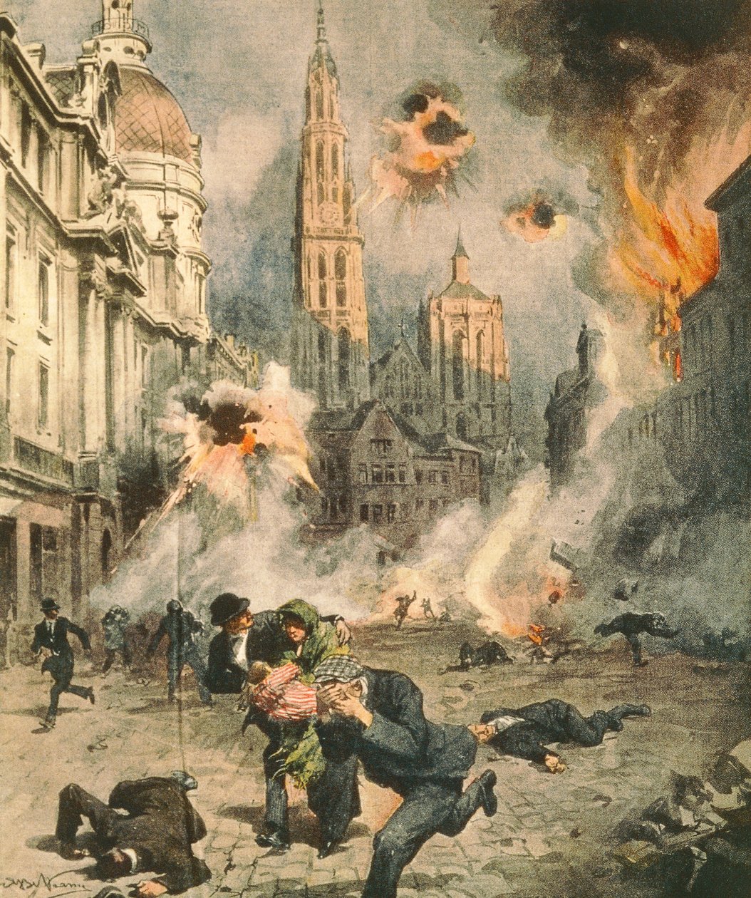 Niemcy bombardują i okupują Antwerpię, Achille Beltrame (1871-1945), ilustracja z La Domenica del Corriere autorstwa Achille Beltrame
