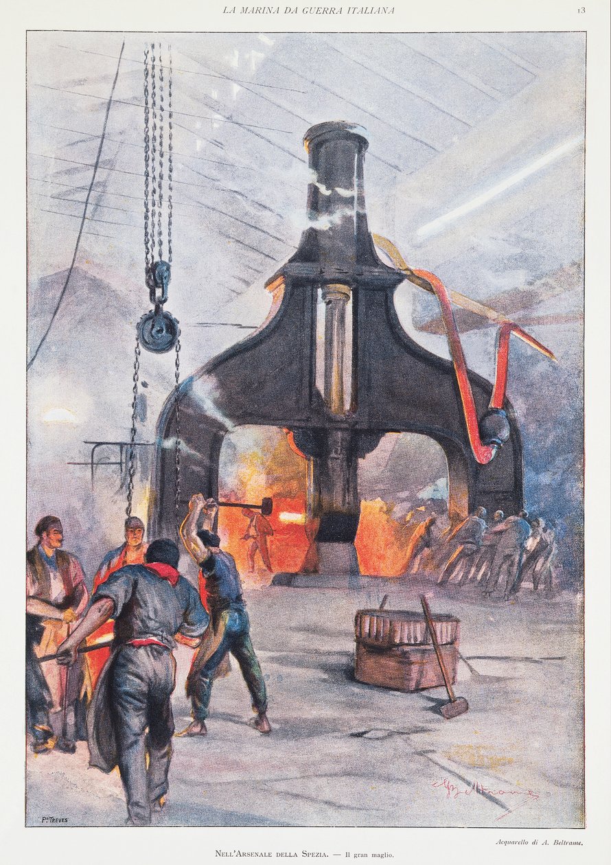 Olbrzymi młot w arsenale w La Spezia, Achille Beltrame, ilustracja, Ilustrator Achille Beltrame (1871-1945), z La Domenica del Corriere autorstwa Achille Beltrame