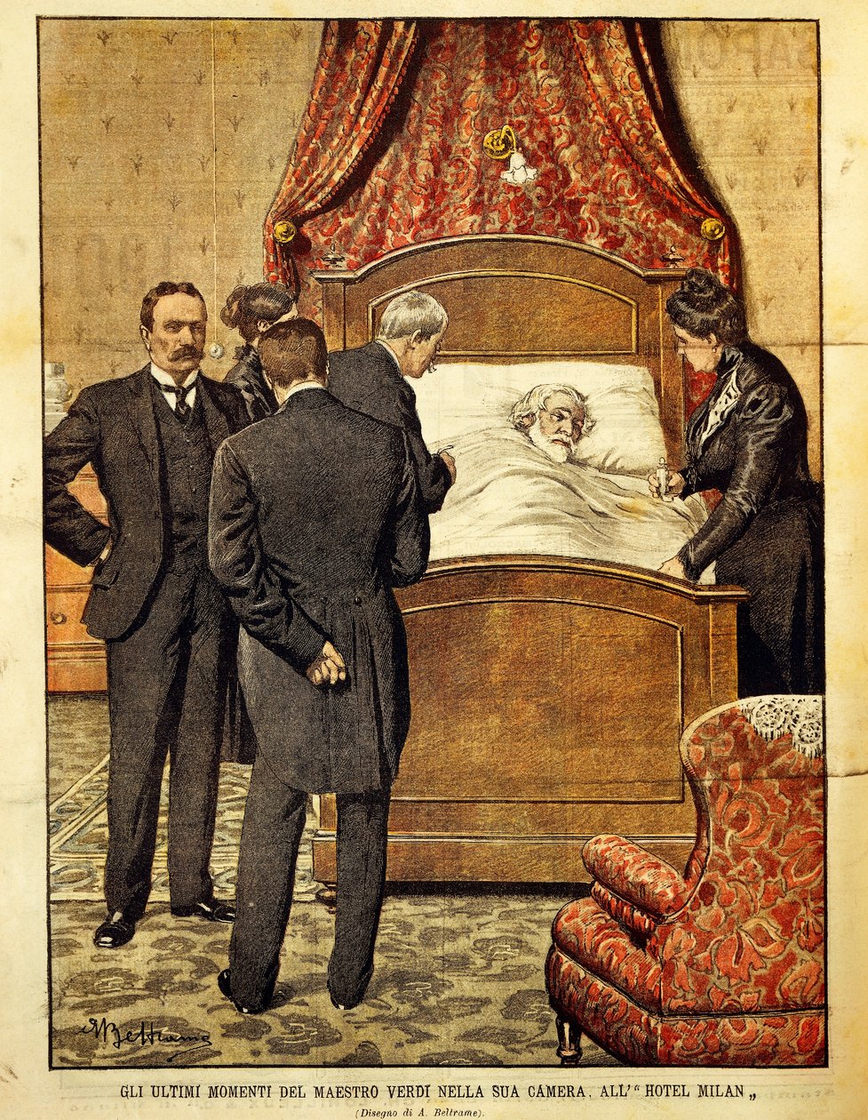 Giuseppe Verdi (1813-1901) umierający, ilustracja Achille Beltrame (1871-1945). Włochy, XX wiek. autorstwa Achille Beltrame