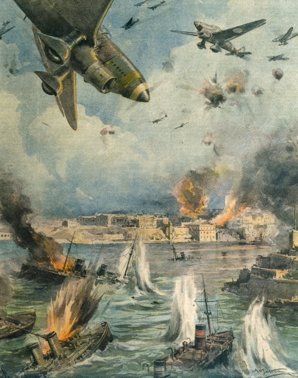 Ofensywa powietrzna Wielkiej Osi nad Maltą, Achille Beltrame, ilustracja, Ilustrator Achille Beltrame (1871-1945), z La Domenica del Corriere, 25 stycznia 1942 autorstwa Achille Beltrame