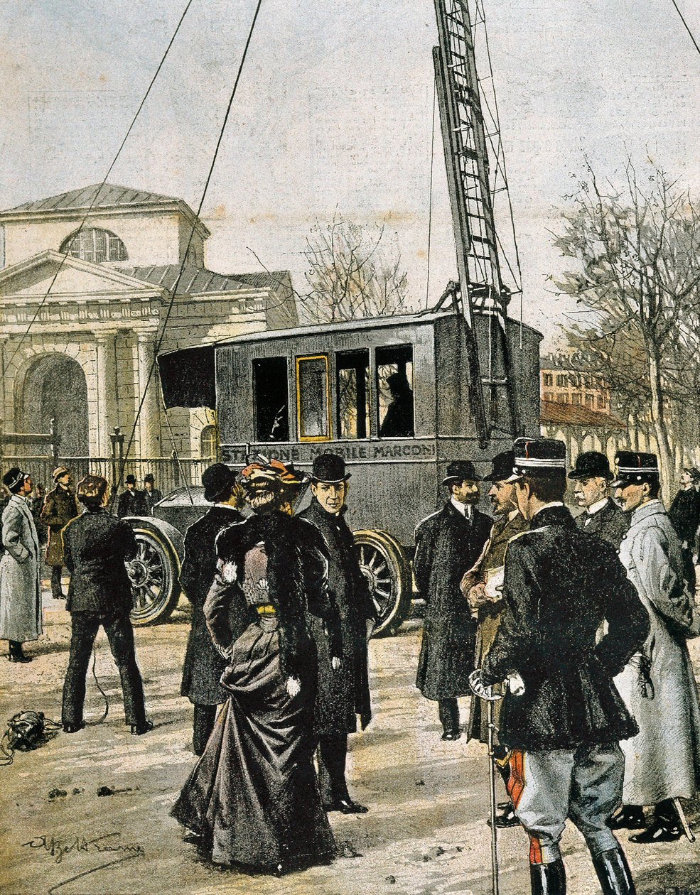 Guglielmo Marconi asystuje w Mediolanie przy testowaniu pierwszego Stazione Radio Mobile. Ilustracja Achille Beltrame do „Domenica del Corriere” (1906). Rytownictwo. autorstwa Achille Beltrame