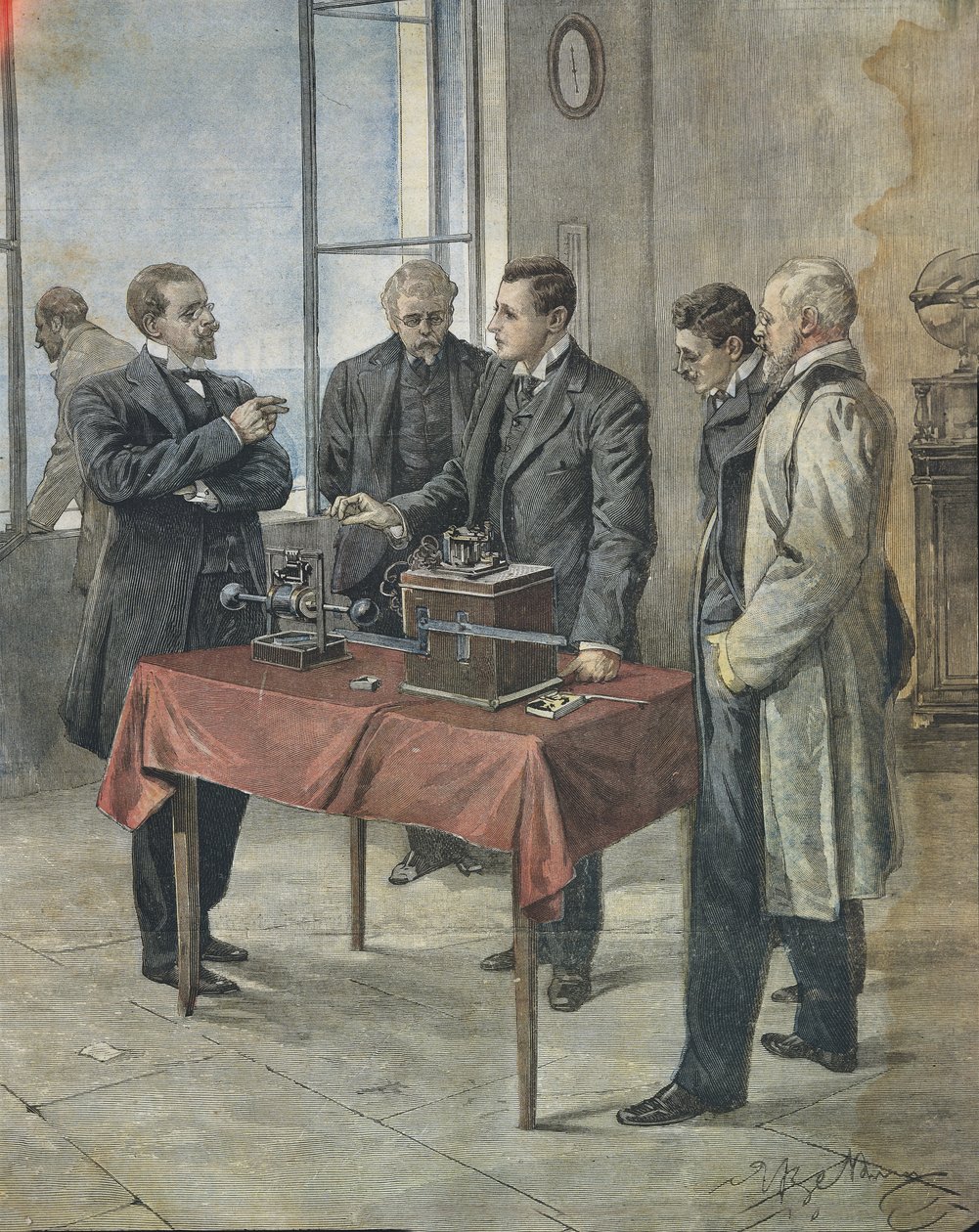 Guglielmo Marconi testuje telegrafię bezprzewodową przez kanał La Manche. Ilustracja Achille Beltrame we włoskiej gazecie „La Domenica del Corriere”, 22 kwietnia autorstwa Achille Beltrame