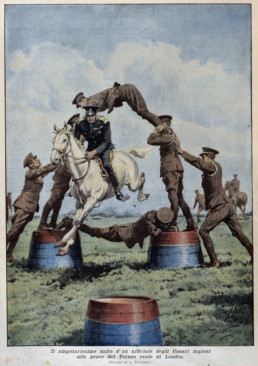 Horse Jumping: English Hussars at the London Tournament Trials – rysunek A. Beltrame, w „La Domenica del Corriere”” autorstwa Achille Beltrame