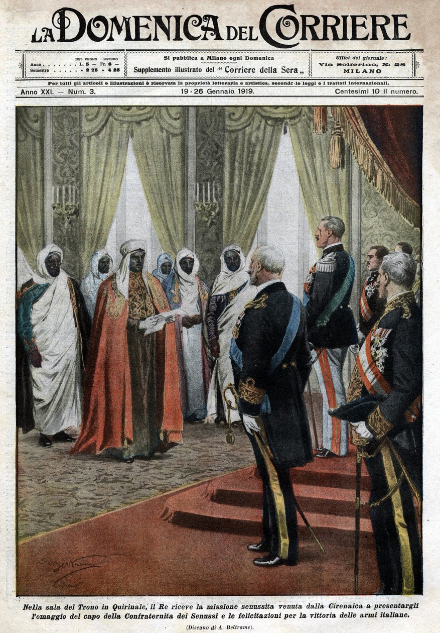 W sali tronowej Pałacu Kwirynalskiego włoski król Wiktor Emanuel III (Wiktor Emanuel) (Vittorio Emanuele) przyjął misję senuistyczną Cyrenajki (w Libii), która przybyła złożyć hołd i pogratulować zwycięstwa włoskiego tro autorstwa Achille Beltrame