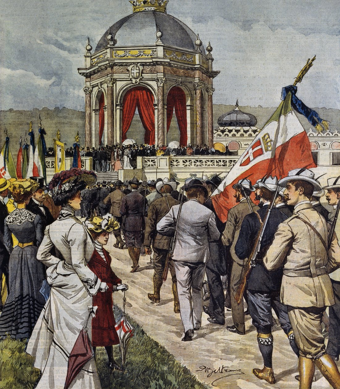 Inauguracja IV zawodów strzeleckich na poligonie Farnesina, Rzym, Włochy, ilustracja Achille Beltrame z La Domenica del Corriere, 25 maja autorstwa Achille Beltrame