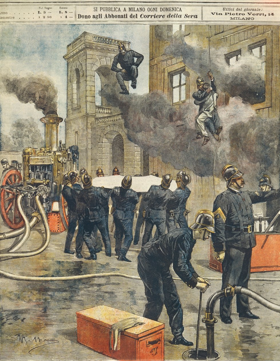 Kongres i demonstracja włoskich strażaków w Arenie w Mediolanie, Achille Beltrame (1871-1945), z La Domenica del Corriere, 24 września 1899 autorstwa Achille Beltrame