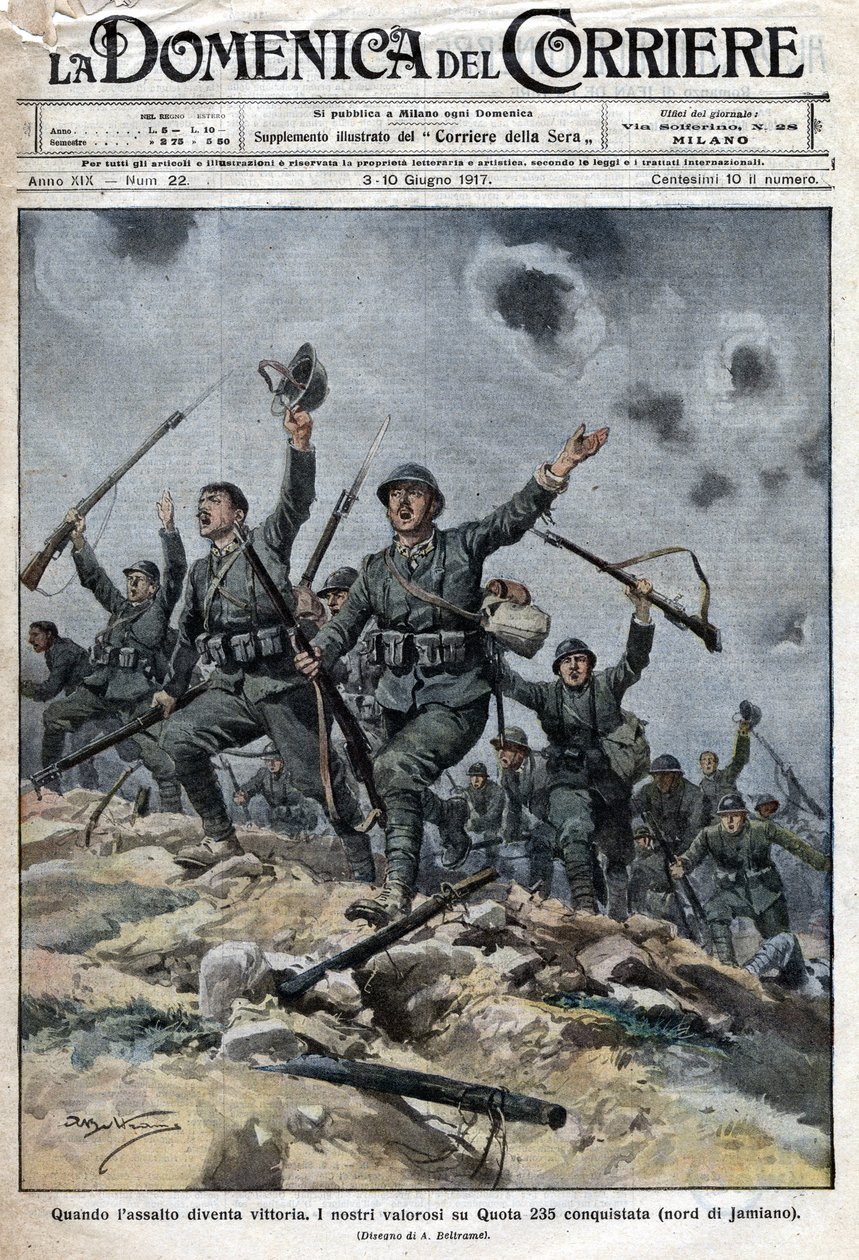 Armia włoska zwyciężyła wojska austro-węgierskie w górach krasowych w Słowenii. Włosi w ten sposób posuwali się w kierunku Triestu. Ill. de Beltrame. Domenica del Corriere. 06/1917. autorstwa Achille Beltrame