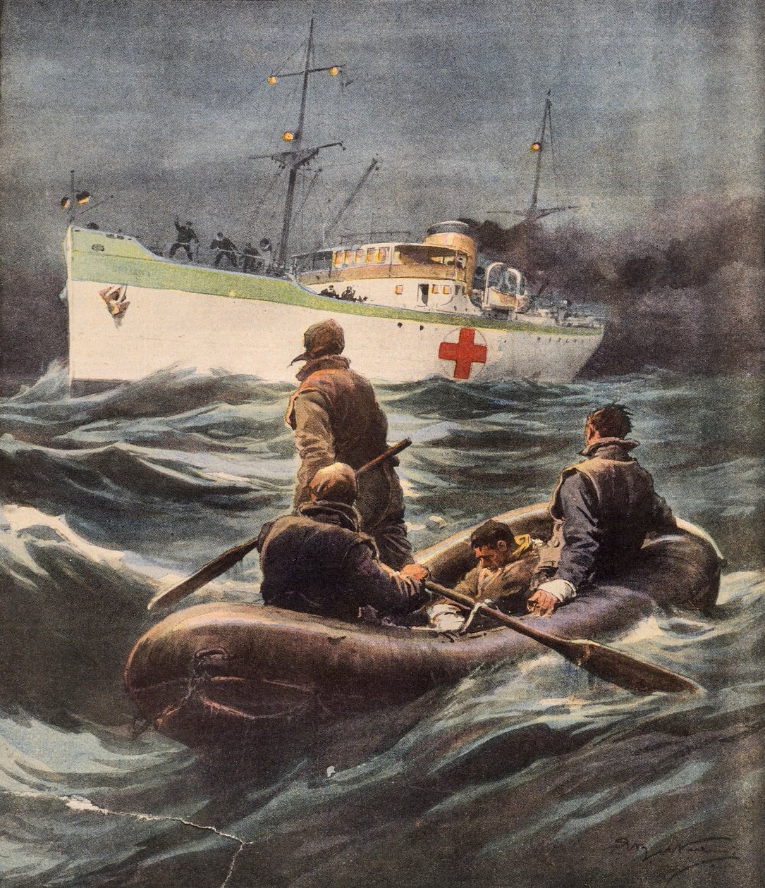 Włoski statek szpitalny ratujący czterech niemieckich lotników, którzy zostali zestrzeleni, Achille Beltrame (1871-1945), ilustracja z La Domenica del Corriere, 23 lutego autorstwa Achille Beltrame