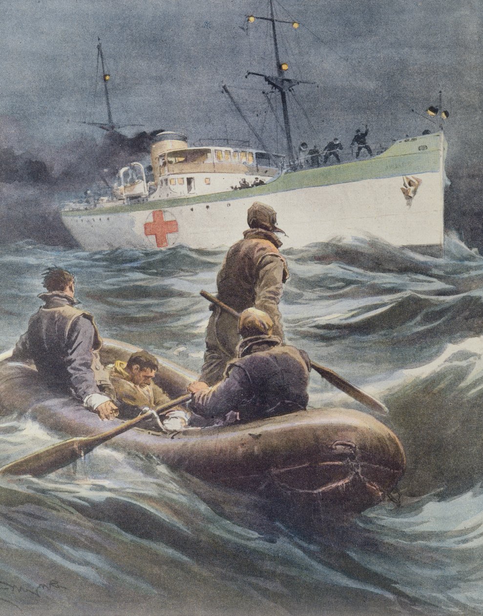 Włoski statek szpitalny zabierający rannych na pokład, Achille Beltrame, ilustracja, Ilustrator Achille Beltrame (1871-1945), z La Domenica del Corriere, 23 marca 1941 autorstwa Achille Beltrame