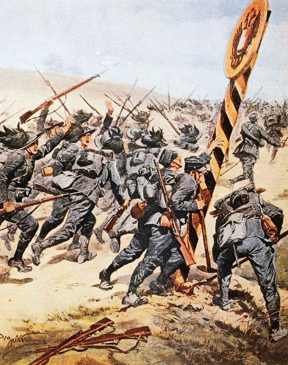 Żołnierze włoscy przekraczający granicę austriacką, Achille Beltrame (1871-1945), ilustracja z La Domenica del Corriere, czerwiec 1915 autorstwa Achille Beltrame
