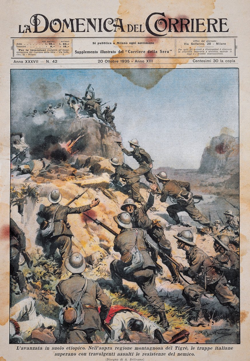 Wojska włoskie nacierające na ziemię etiopską, ilustracja z La Domenica del Corriere, 20 października autorstwa Achille Beltrame
