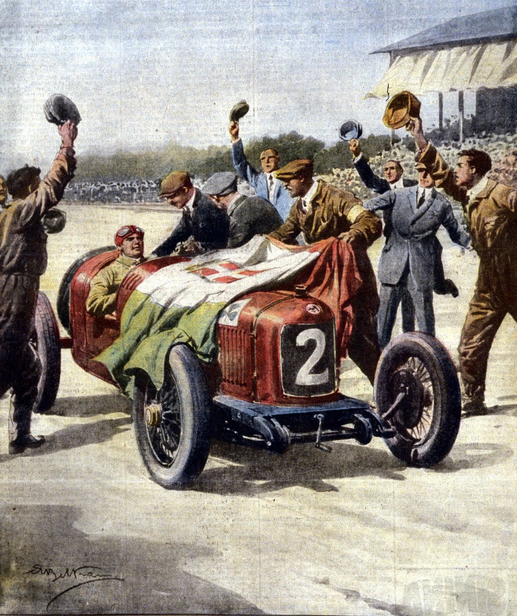Włoskie zwycięstwo w 3. European Motor Grand Prix: mechanicy z Ascari umieszczają na samochodzie trójkolorową flagę. Ill. de Beltrame. „La Domenica del Corriere” 07/1925. autorstwa Achille Beltrame