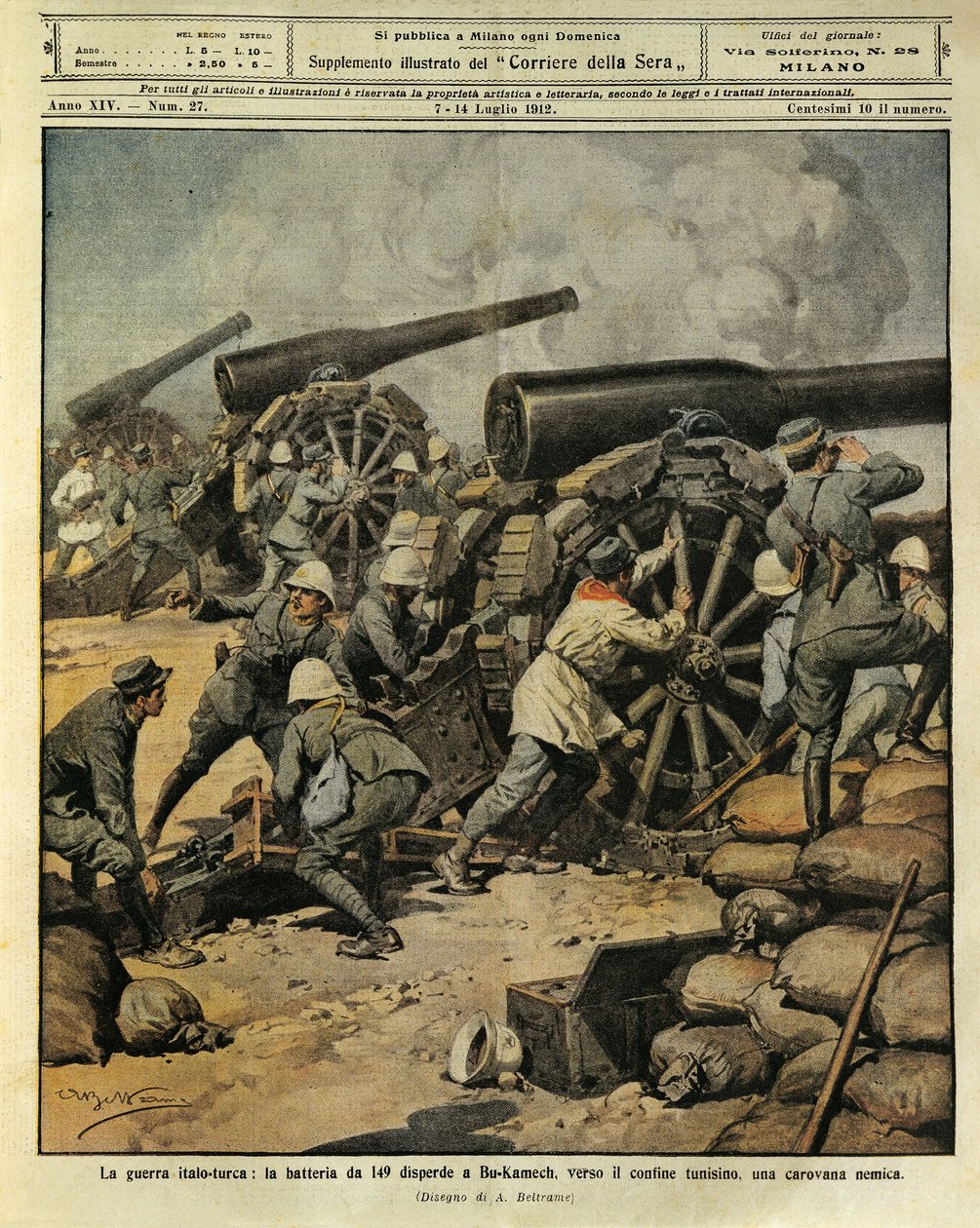 Wojna włosko-turecka, ogień baterii z działa nr 149 kierujący karawanę wroga w Bu-Kamek w kierunku granicy tunezyjskiej, ilustrator Achille Beltrame (1871-1945), z La Domenica del Corriere, 7 lipca 1912 autorstwa Achille Beltrame