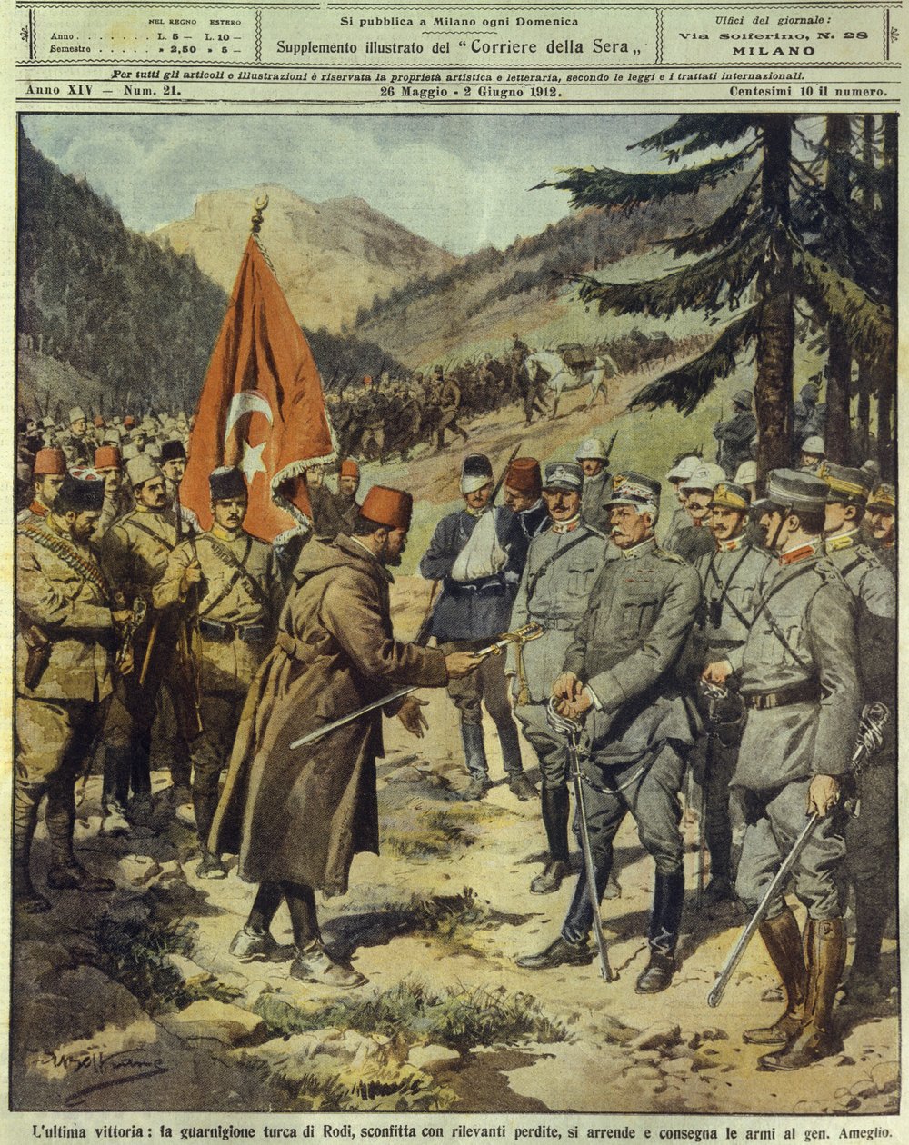 Wojna włosko-turecka lub libijska (1911-1912), armia turecka poddaje się i oddaje broń włoskiemu generałowi Ameglio na Rodos, 26 maja autorstwa Achille Beltrame