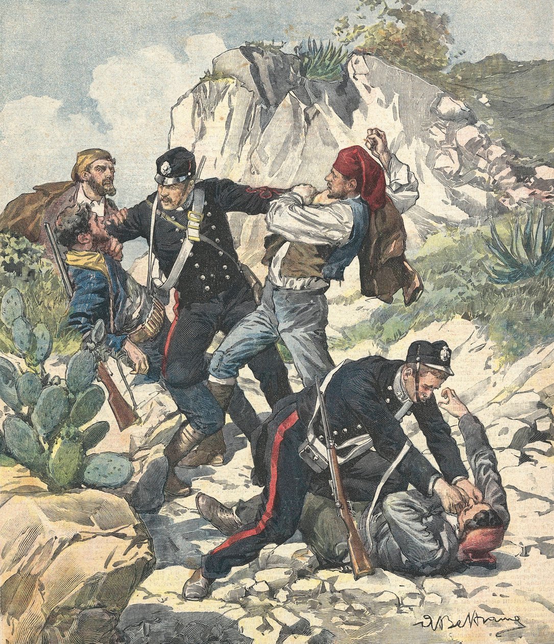 Włochy (1902). Karabińczycy aresztują bandytę i jego gang w Trapani. Ilustracja Achille