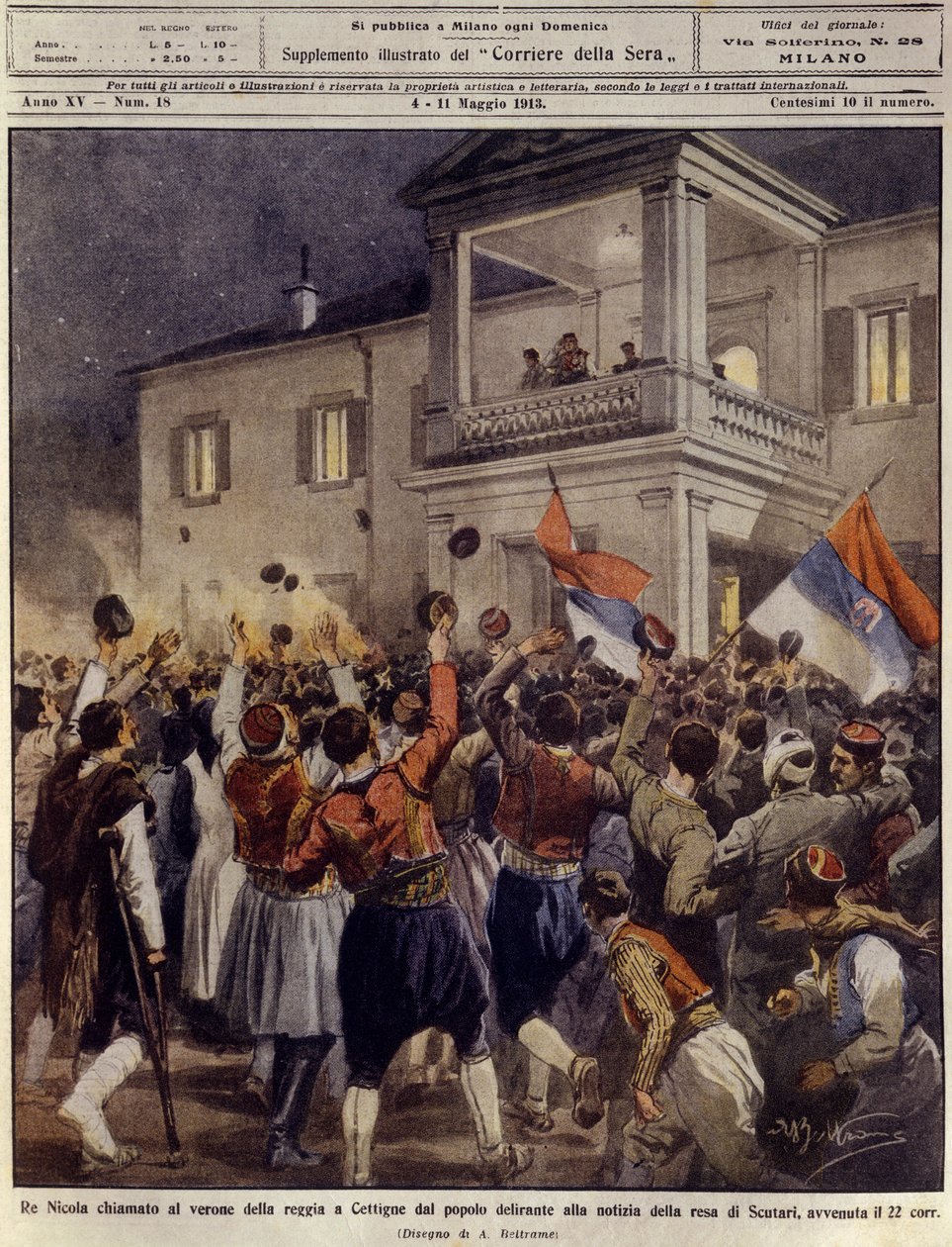 Król Mikołaj I z Czarnogóry przed tłumem w Cettigne po kapitulacji miasta Szkodra, 4 maja autorstwa Achille Beltrame