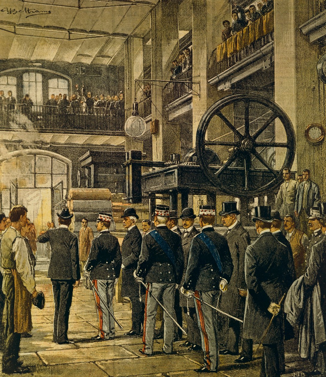 Król Vittorio Emanuele III odwiedzający fabryki w Mediolanie, Achille Beltrame (1871-1945), z La Domenica del Corriere, 8 października 1905 autorstwa Achille Beltrame