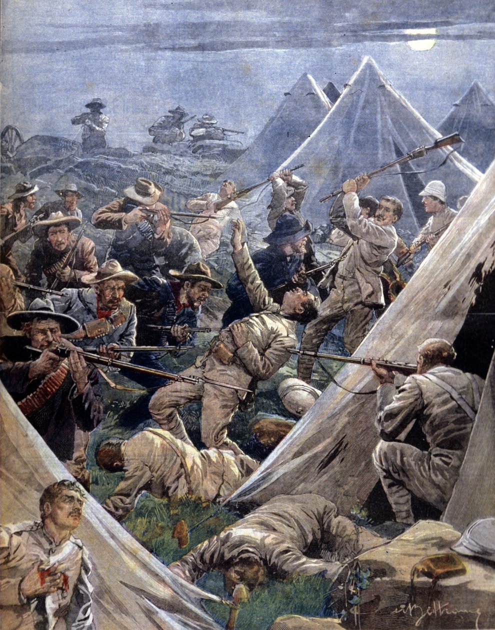 Wojna burska lub wojna transwalska w Afryce Południowej, w której Anglicy przeciwstawili się Burom: ci ostatni zaatakowali angielski obóz w Tweenfontein. Ilustracja Beltrame. La Domenica del Corriere. 1902. autorstwa Achille Beltrame