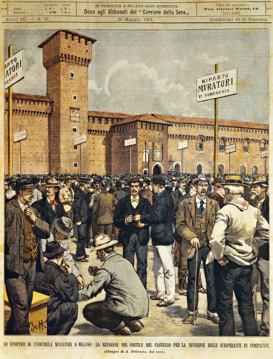 Strajk budowlany na dużą skalę w Mediolanie: Spotkanie publiczne na wielkim dziedzińcu zamku Sforzesco, autorstwa Achille Beltrame (1871-1945), z La Domenica del Corriere, 26 maja 1901 autorstwa Achille Beltrame