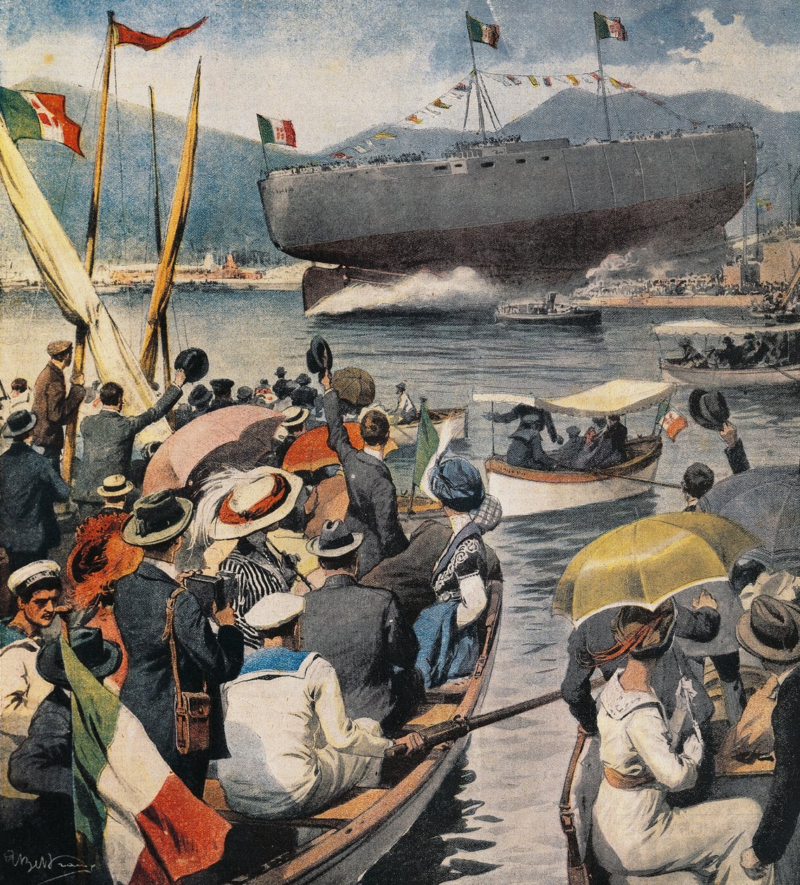 Wodowanie pancernika Andrea Doria z Arsenału w La Spezia, panel autorstwa Achille Beltrame (1871-1945), La Domenica del Corriere, 6 kwietnia autorstwa Achille Beltrame