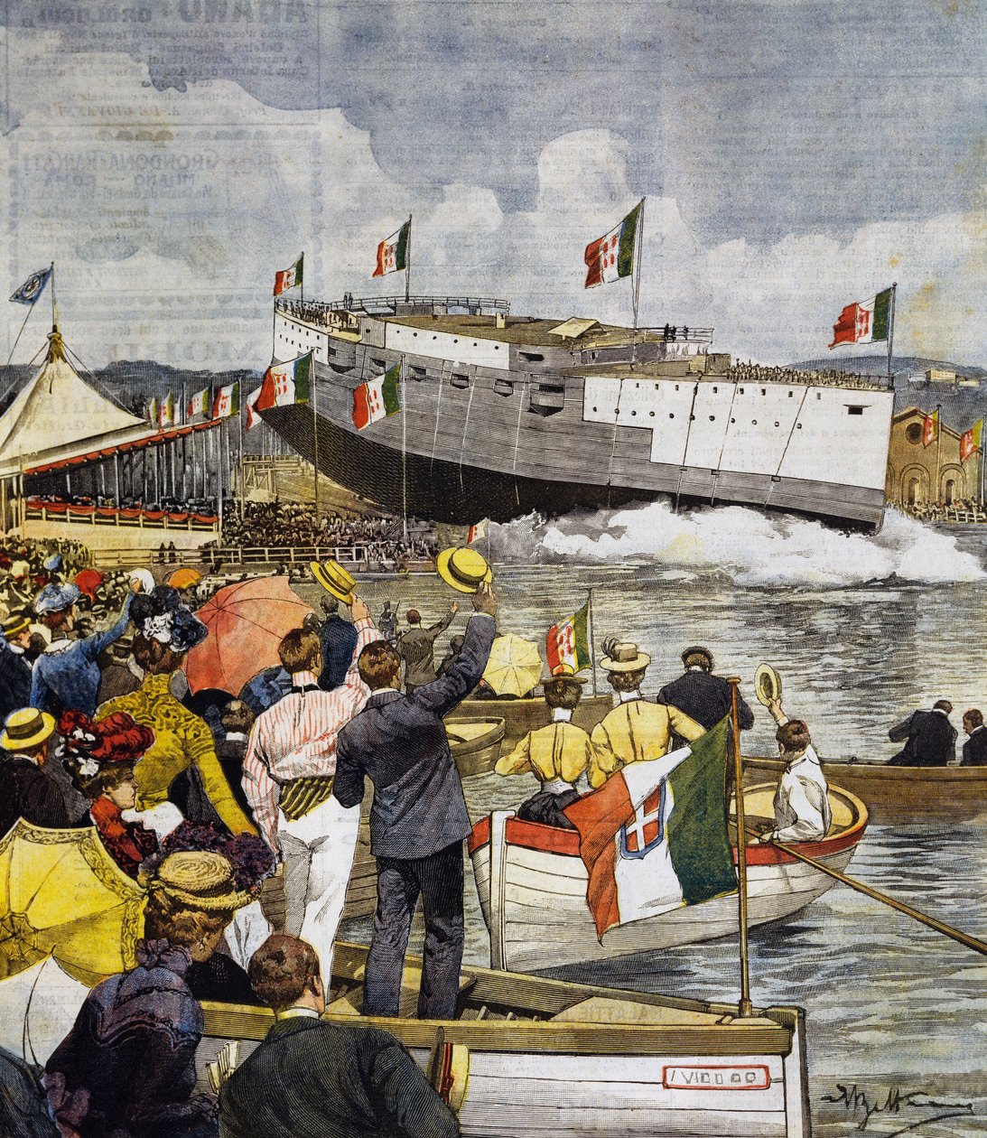 Wodowanie pancernika Regina Margherita w La Spezia, panel Achille Beltrame (1871-1945), La Domenica del Corriere, 9 czerwca autorstwa Achille Beltrame