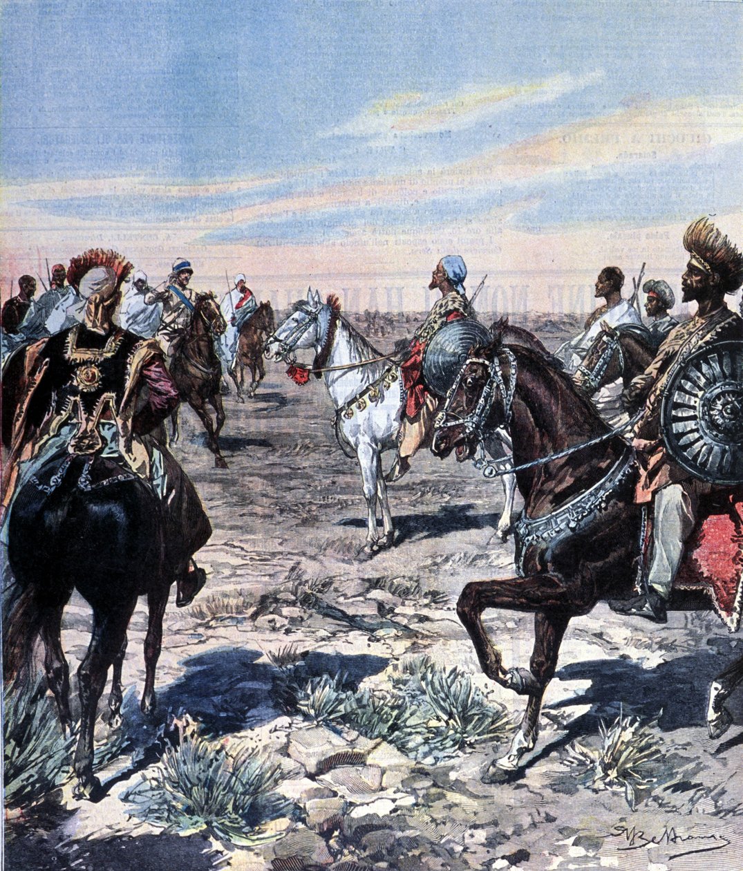 Kapitan Mozzetti w obozie Ras Makonnen (Mekonnen Welde Mikael) (Abba Qagnew) (1852-1906) w Etiopii. Ilustracja autorstwa Beltrame. Domenica del Corriere. 1899. autorstwa Achille Beltrame