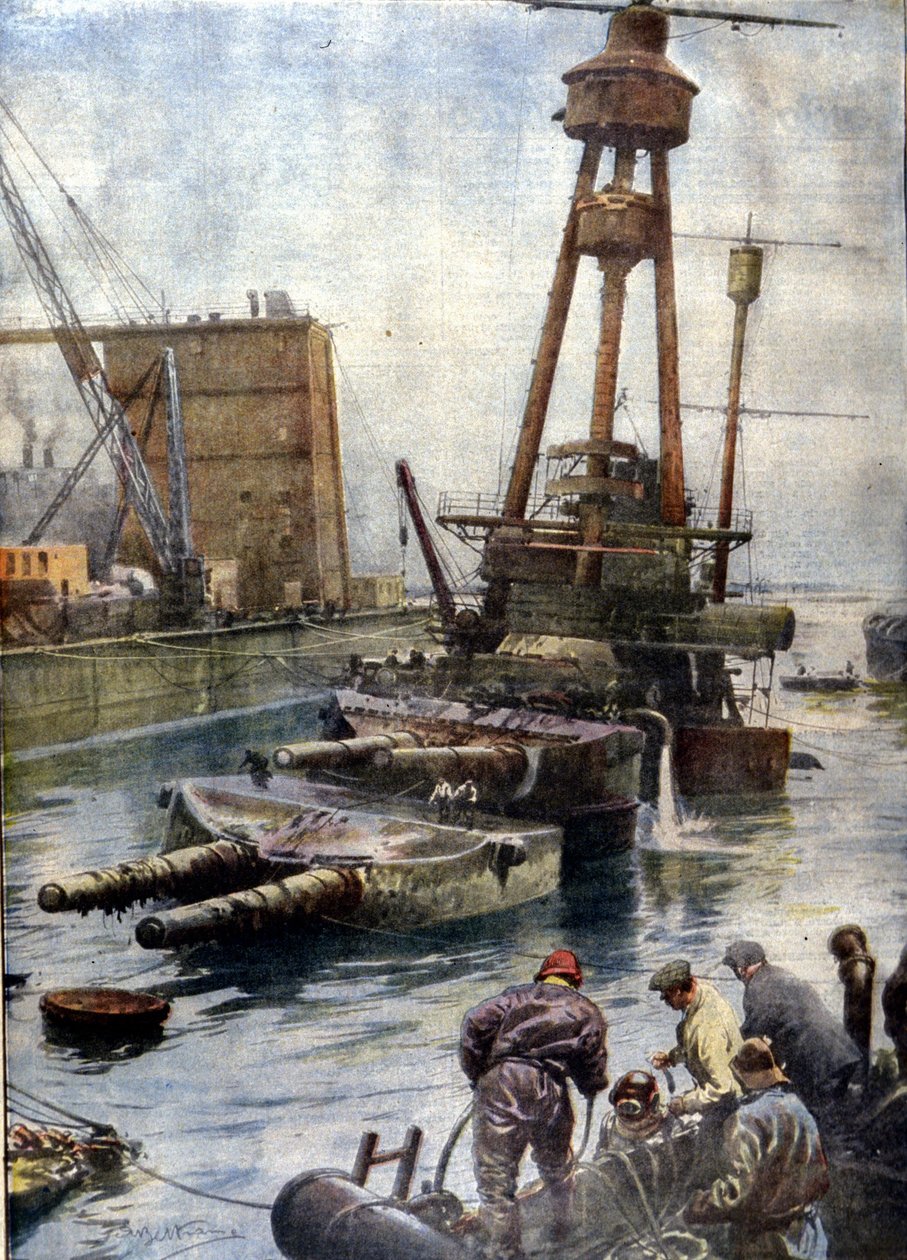 Niemiecki pancernik Hindenburg, zatopiony w Scapa Flow w Szkocji, powrócił na powierzchnię dzięki angielskiej flocie po 7 latach spędzonych na dnie oceanów. Ilustracja autorstwa Beltrame. Domenica Corriere autorstwa Achille Beltrame