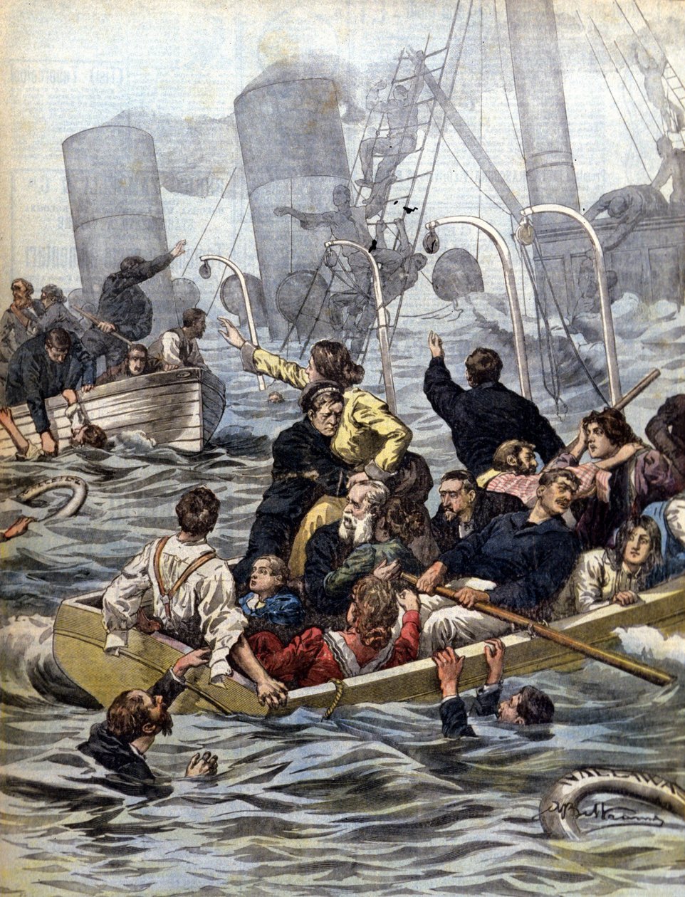 Morskie dramaty: zatonięcie liniowca Wallawalla załadowanego poszukiwaczami złota z Klondike. Ilustracja Beltrame. La Domenica del Corriere. 1902 autorstwa Achille Beltrame