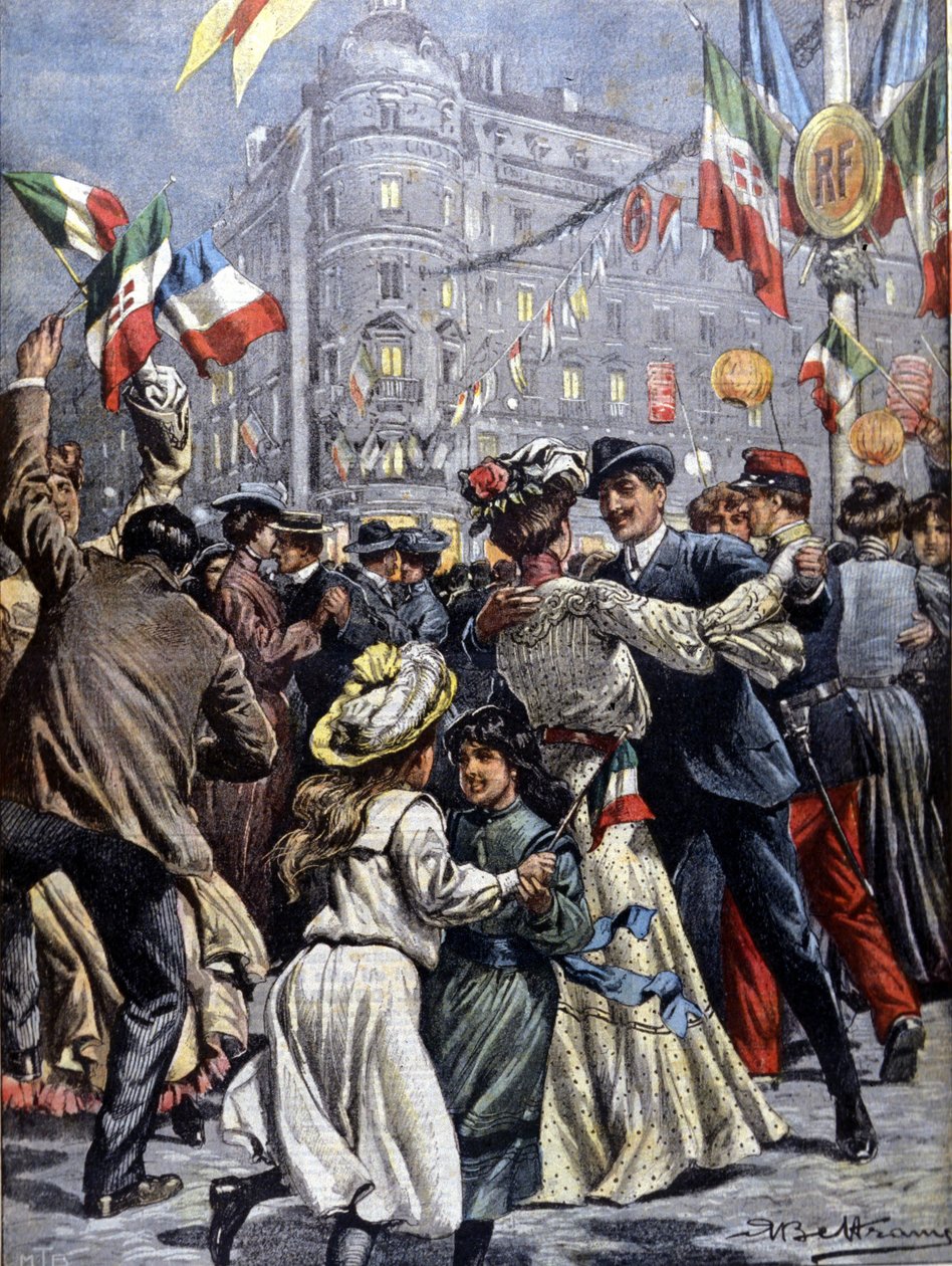 Władcy Włoch w Paryżu: popularne bale na ulicach. Ilustracja Beltrame. La Domenica del Corriere. 1903. autorstwa Achille Beltrame