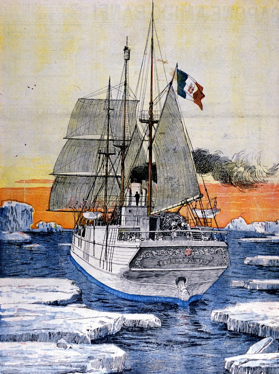 Wyprawa polarna Ludwika Sabaudzkiego, księcia Abruzji: łódź Stella polare w lodzie. Ilustracja ze zdjęcia. Domenica del Corriere. 1899. autorstwa Achille Beltrame