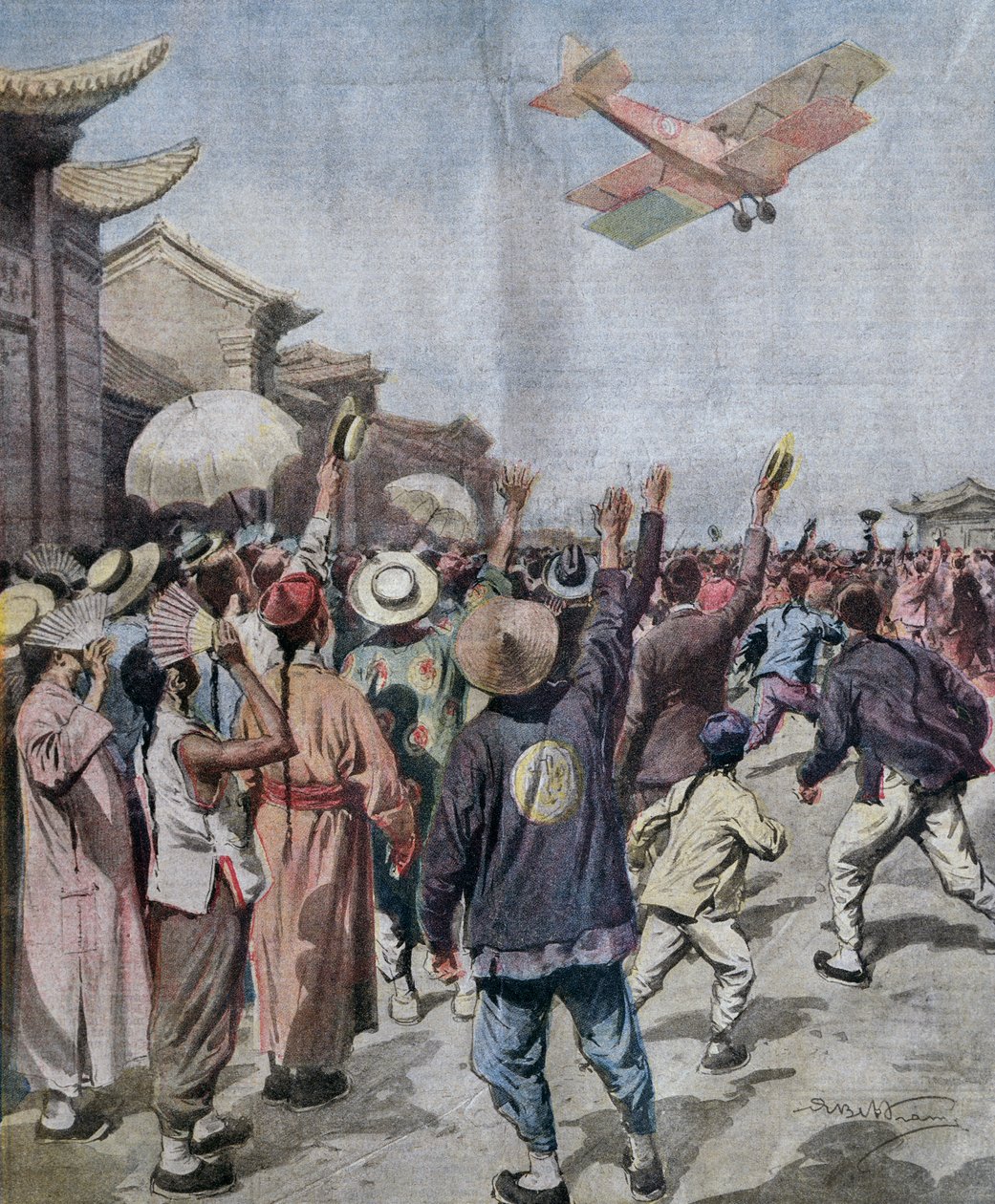 Porucznik Arturo Ferrarin, uczestnik nalotu Rzym-Tokio, przybywający na niebo nad Szanghajem, ilustracja Achille Beltrame z La Domenica del Corriere, 16 maja autorstwa Achille Beltrame